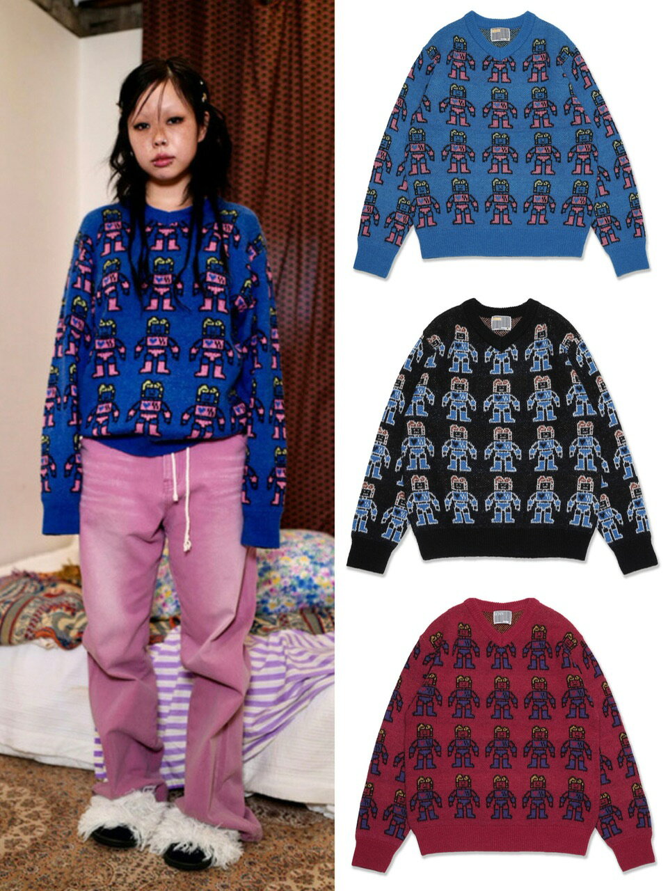 正規品【 YOUTHBATH V-neck Graphic Knit 】 ユースバス ニット セーター 長袖トップス Vネック Vネックニット 秋服 冬服 Pr...