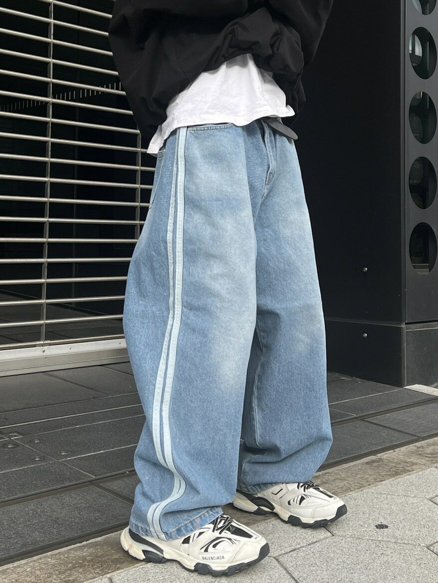 正規品 【 Chikashitsu oversized side line denim pants 】 チカシツプラス デニムパンツ ワイドデニム ブラックデニム サイドライン ラインパンツ Pressing pressing プレッシング プレッシングウェブショップ