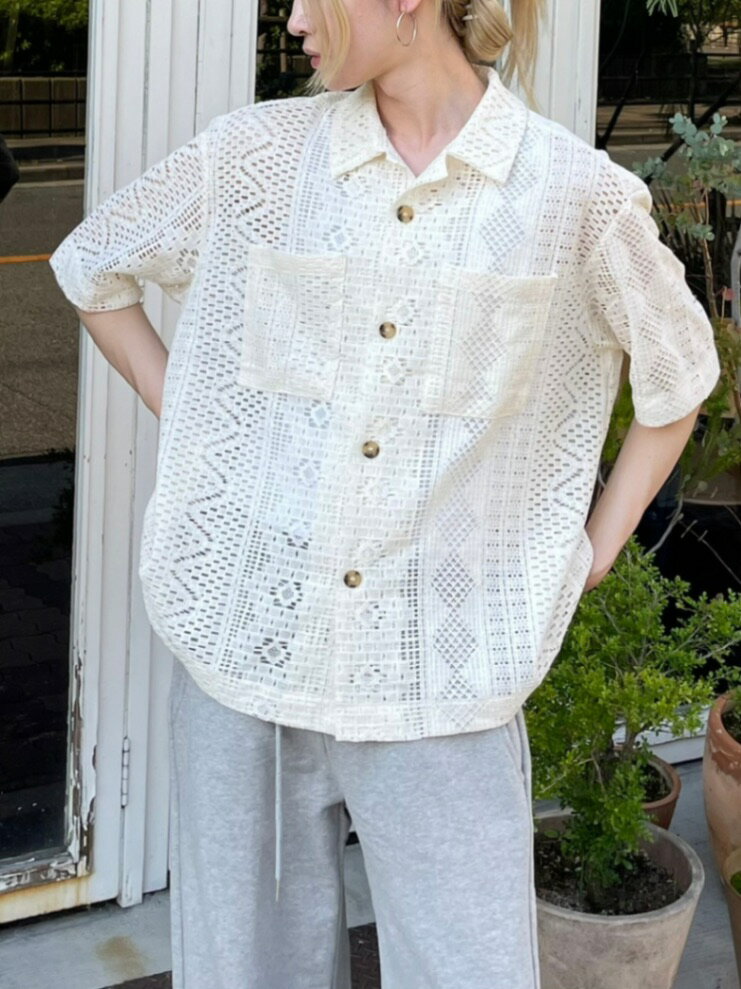 乐天商城 - 正規品 【 Chikashitsu + lace see-through half sleeve shirt (2color) 】 チカシツプラス レースシースルーハーフスリーブシャツ ハーフスリーブ シャツ 半袖トップス トップス Pressing pressing プレッシング プレッシングウェブショップ vandy the pink tripp nyc oy