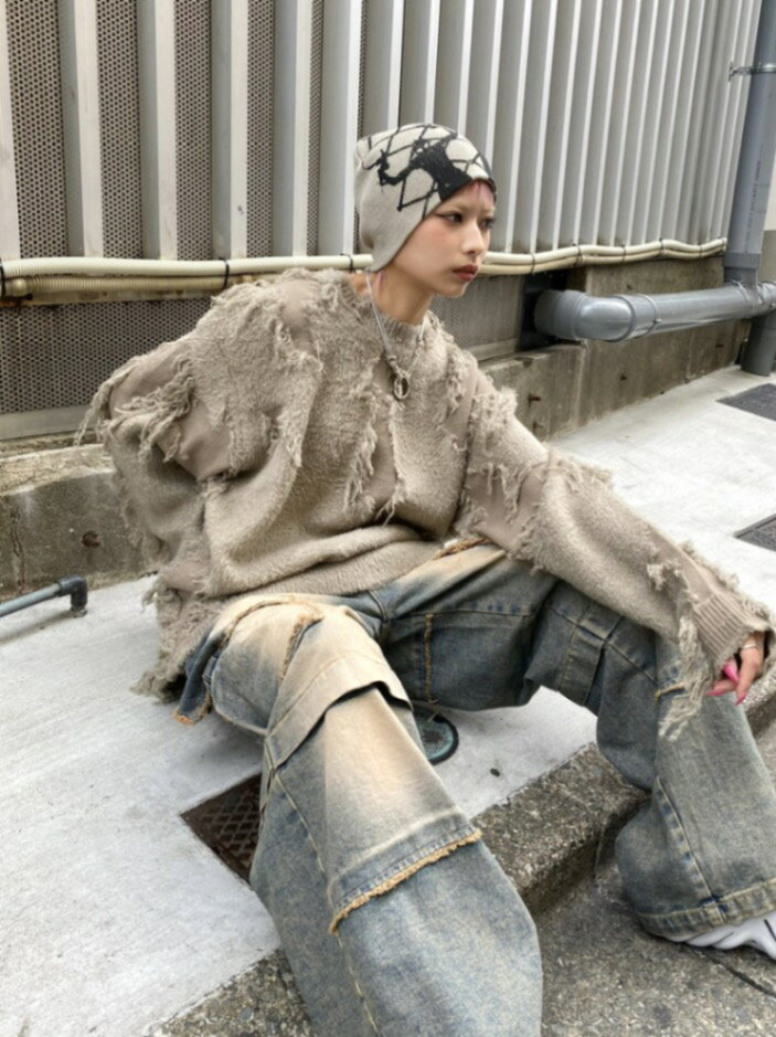 正規品【 XU design damage knit 4 】 エックスユー デザインダメージニット セーター 長袖トップス ニット ダメージ加工 Pressin...