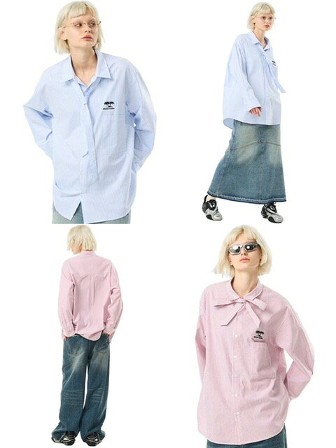 乐天商城 - 正規品【MODITEC】LACE-UP EMBROIDERED SHIRT 長袖トップス 長袖シャツ カラーシャツ オーバーサイズ ストリートファッション