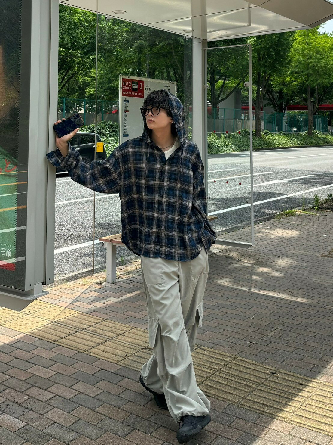 Rakuten - 送料無料 正規品【Chikashitsu + glen check hooded shirt (2color)】シャツ チェックシャツ 長袖トップス チェック柄 春 秋 冬 オーバーサイズ ストリートファッション 韓国ファッション チカシツプラス