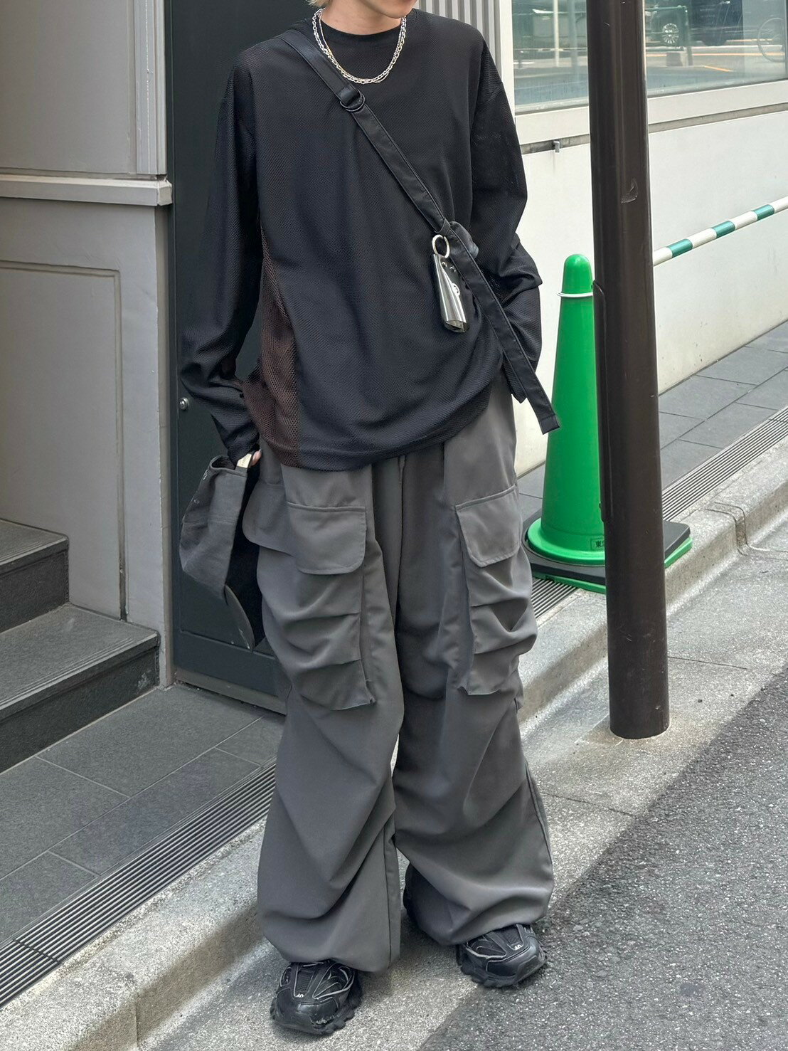 乐天商城 - 送料無料 正規品【Chikashitsu + side pattern mesh long sleeve】メッシュトップス ロングスリーブTシャツ ロンT オーバーサイズ ストリートファッション 韓国ファッション