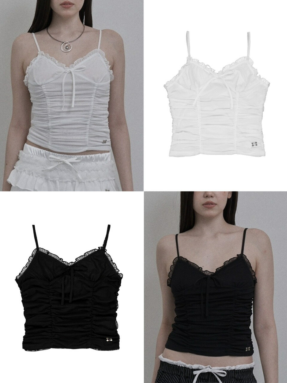 【SALE】正規品【SETUP‐EXE MESH SHIRRING SLEEVELESS】韓国ブランド シャーリングキャミソール 袖なしトップス スリーブレス ノースリーブ クロップ丈トップス クロップ丈キャミソール レースキャミ リボンキャミソール