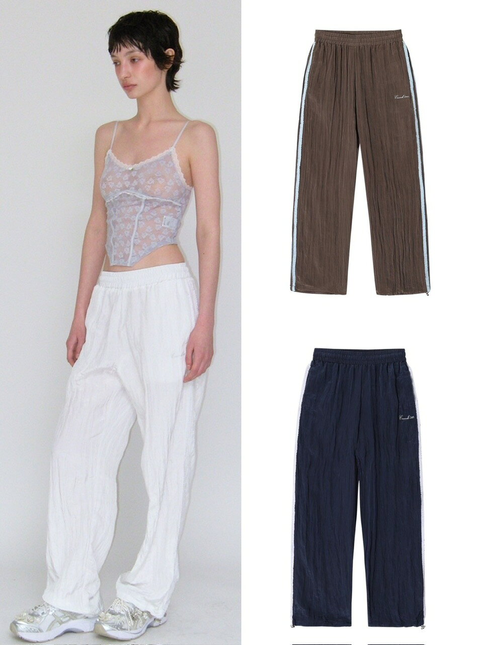 Rakuten - 正規品【CRANK FRILL LINE WRINKLED PANTS】韓国ブランド CRANK クランク ナイロンパンツ トラックパンツ ジョガーパンツ 韓国ファッション 韓国ストリート バレエコア