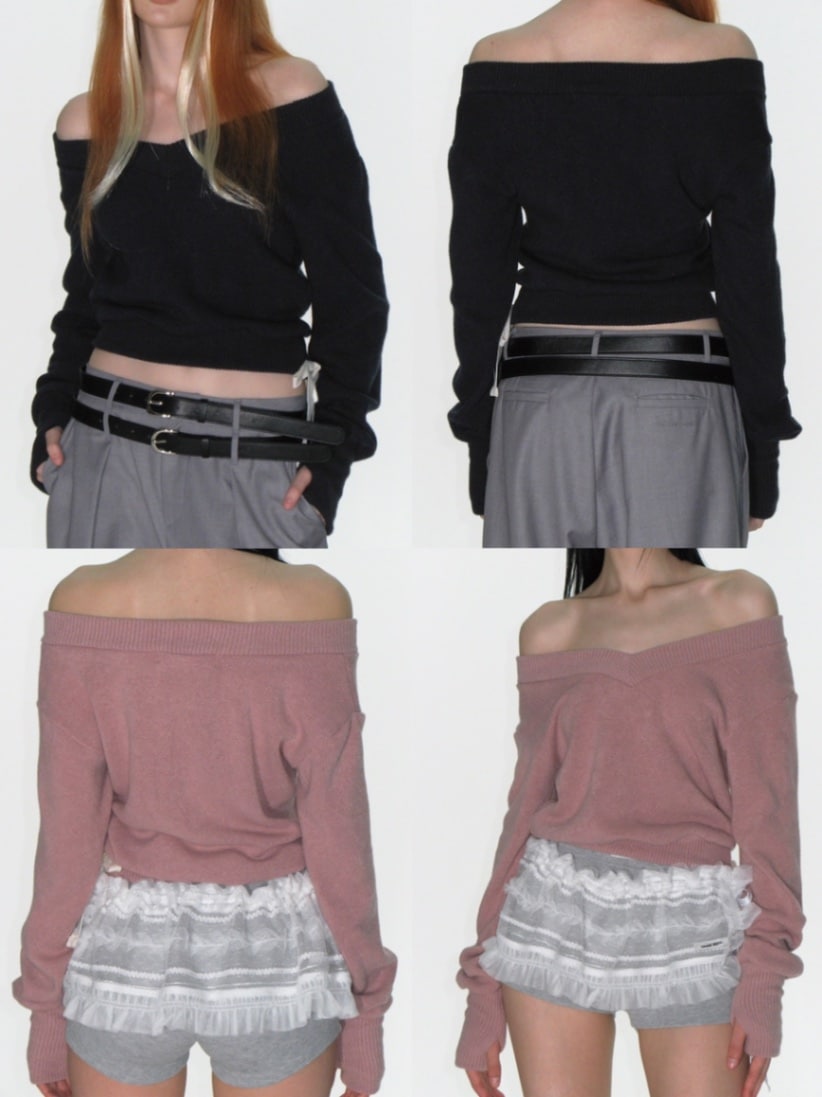 正規品【CRANK RIBBON WARMER V-NECK KNITWEAR】ニット Vネック オフショルダーニット 長袖ニット 長袖トップス Y2K レディースファッション シンプル ガーリー フェミニン