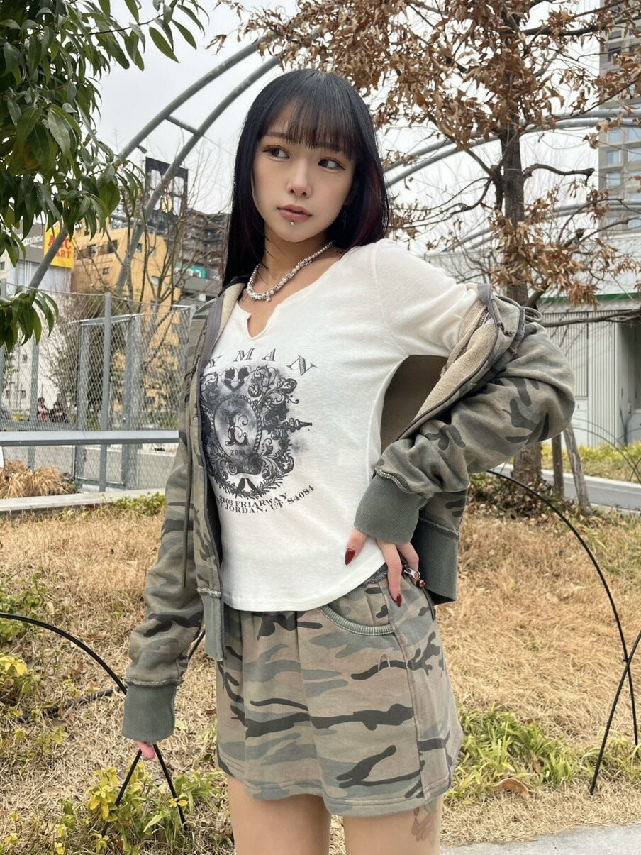 乐天商城 - 受注制【XU DOG】v neck vintage print long sleeve tee