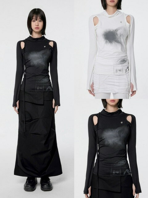 正規品【FLAREUP Cut-out Turtleneck Long Sleeve (FL-112)】ロングスリーブ ロンT ペイント プリントTシャツ ストリートファッション フェミニン ガーリー