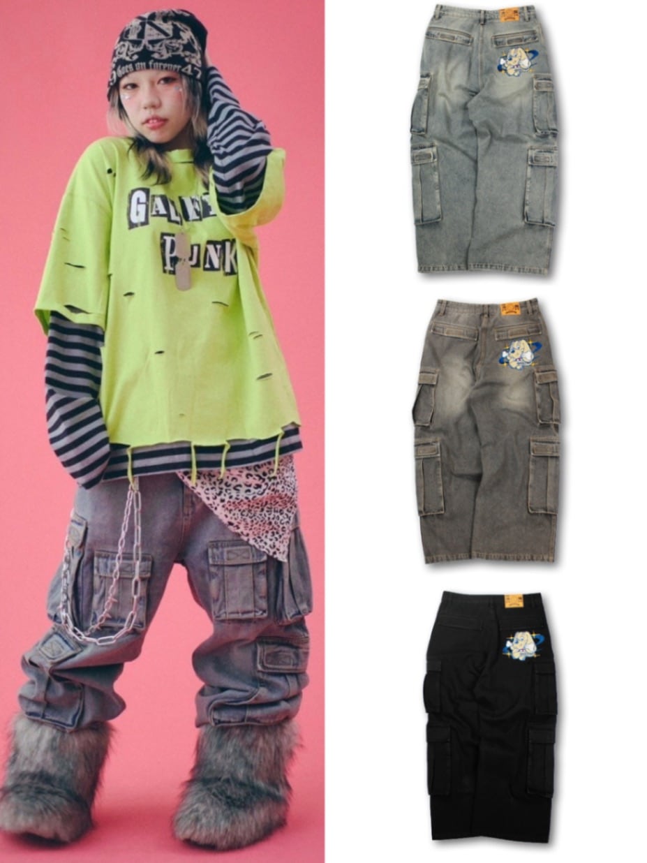 乐天商城 - 正規品【GALFY ダーティーデニムワイドカーゴ】デニムカーゴパンツ カーゴパンツ ワイドデニム ストリートファッション ユニセックス オーバーサイズ