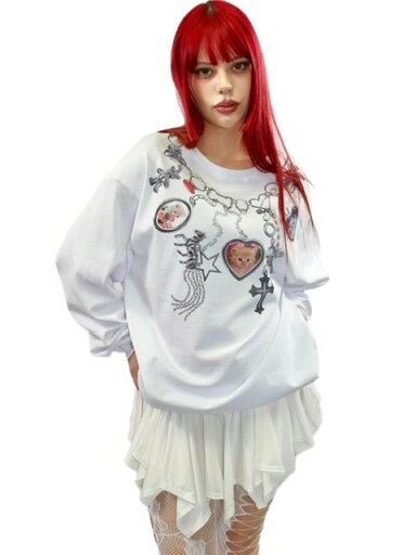 正規品【HURJABOYACC Cat necklace tshirts】長袖Tシャツ 長袖トップス ロンT プリントTシャツ オーバーサイズ Y2K 前面プリント 春 秋 冬 正規品【HURJABOYACC Cat necklace tshirts】長袖Tシャツ 長袖トップス ロンT プリントTシャツ オーバーサイズ Y2K 前面プリント 春 秋 冬