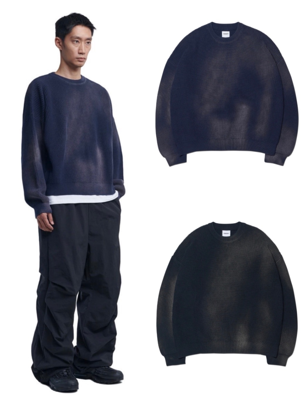 正規品【NOMANUAL SPRAY DYEING KNIT】ニット 長袖トップス スプレーニット オーバーサイズ ワンポイント クルーネック 韓国ブランド ス...