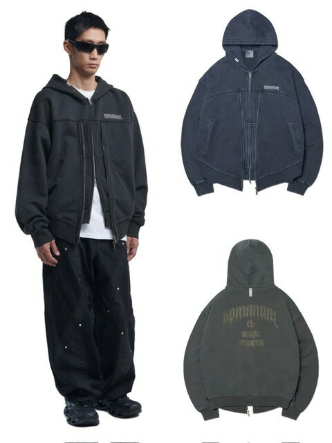 正規品【NOMANUAL OVERDYED LAYER HOODED ZIP-UP】ジップパーカー パーカー フーディー ジップフーディー ロゴパーカー ロゴフーディー ジップアップ ダブルジップ オーバーサイズ 韓国ブランド
