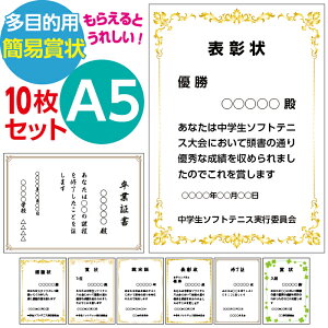 10枚セット A5サイズ 多目的簡易賞状 表彰状 感謝状 修了証 社内表彰 卒業証書 卒園証書 優秀賞 合格証書 検定証書 昇段証書 昇級証書 認定証 自治会感謝状 町会感謝状 努力賞 敢闘賞 証明証 卒団証書 テンプレート タイトル 賞名 本文 発行者 年月日 オーダー印刷作成