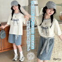 Tシャツ ショートパンツ レースベルト 3点セット 女の子 ガーリー カジュアル 上品 ロゴ入り 半袖 Aライン バイカラー デニム風 涼しい ウエストゴム おしゃれ 可愛い 動きやすい 体型カバー 通学 お出かけ 夏コーデ 韓国風 ナチュラル 人気コーデ 120 130 140 150 160 170