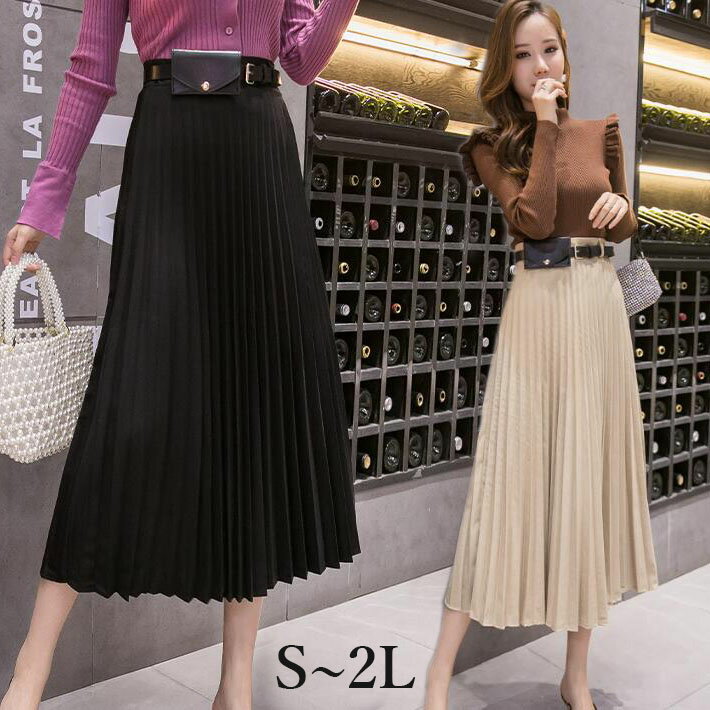 【今がチャンス！全品10%OFFクーポン配布中☆27日11:59迄!】プリーツスカート　フレアスカート 　プリーツス　ミモレ丈スカート 　ロングスカート　スカート レディース　ミディアム　膝丈 トレンド 美脚 ベルト　体型カバー　デート 女子会　フォマール　S　M　L　2L