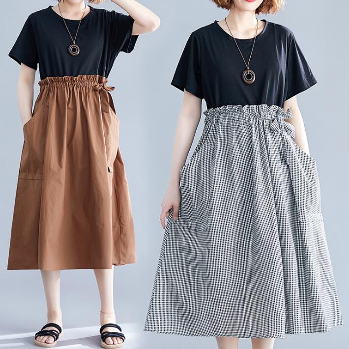 ワンピース 切り替え チェック柄 リボン 紐付き ひざ丈 ミディアム丈 ロングワンピース Aライン ゆったり 半袖 着やせ 春夏秋 レディースワンピース オーバサイズ 大きめ 可愛い オシャレ L 2L