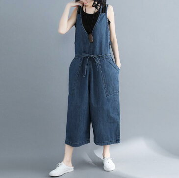 サロペット オーバーオール オールインワン デニムサロペット サロペットガウチョパンツ ガウチョ パンツ サルエルパンツ ボトムス 9分丈 ロング丈 デニム ノースリーブ オーバサイズ 大きめ 春 夏 M L 2L 3L