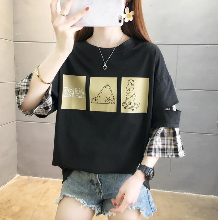 ダメージTシャツ　レディース　Tシャツ　チュニック　ダメージ　チェック　プリント　切替　オーバーサイズ　 ゆったりTシャツ 　ロゴ　半袖　ロング　 大きいサイズ　クルーネック　夏　M　L　2L　3L