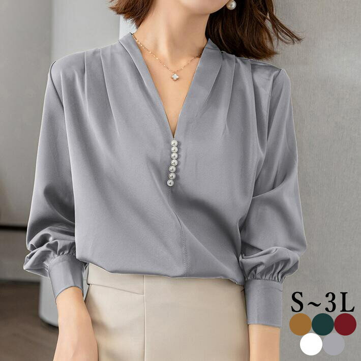ブラウス レディース　春　秋　長袖 　大きいサイズ　シャツ 　Vネック　深Vネック　シフォン　トップ..