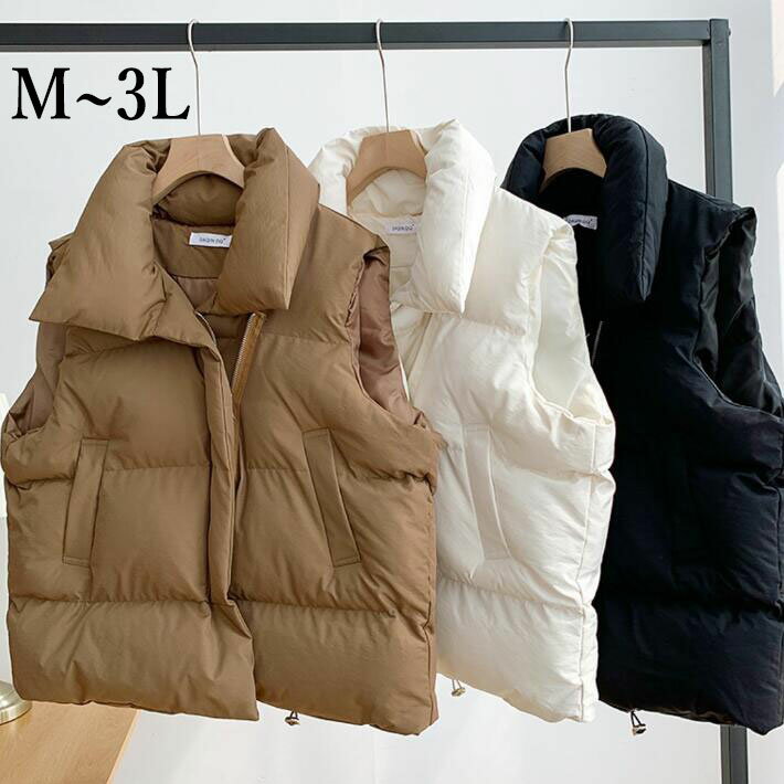 ダウンベスト レディース　中綿ベスト　秋　冬 前開き　ジャケット　アウター　ベスト　スタンドカラー 　防寒ベスト ショット ノースリーブ あったか　大きめサイズ　軽量　秋冬　防寒　M　L 2L 3Lのサムネイル