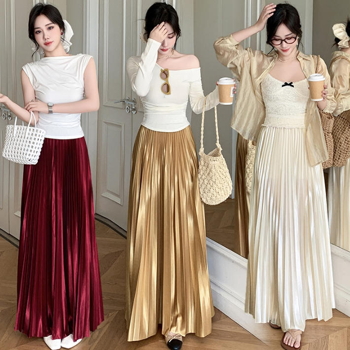 プリーツスカート 光沢感ある フレアスカート プリーツ ボヘミアン風 ボトムス ウエストゴム Aライン ..
