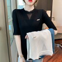 【クポーン利用で10%OFF★11日11:59迄!】ニット 半袖 レディース タイト リブニット セーター ニットソー カットソー フリル インナー ニット 春夏 フィット 5分袖 ストレッチ オシャレ リブ編み