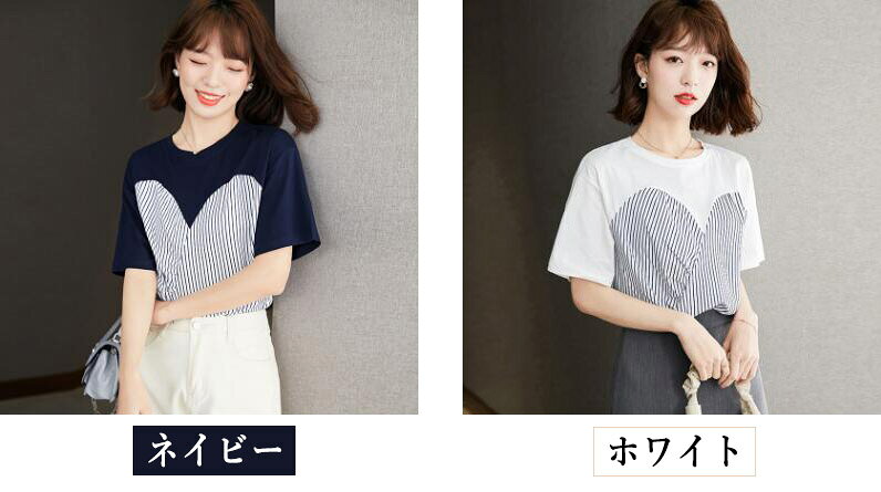 【全品対象10%OFFクポーン配布中★11日(金)11:59迄!】Tシャツ　レディース 半袖　大きいサイズ　きれいめ　ストライプ　カットソー シャツ　ブラウス　切り替え　クルーネック　トップス　トレンド　フェミニン　夏　S M L 2L 3L prettygirl-10002019 Pretty Girl サンプル画像2