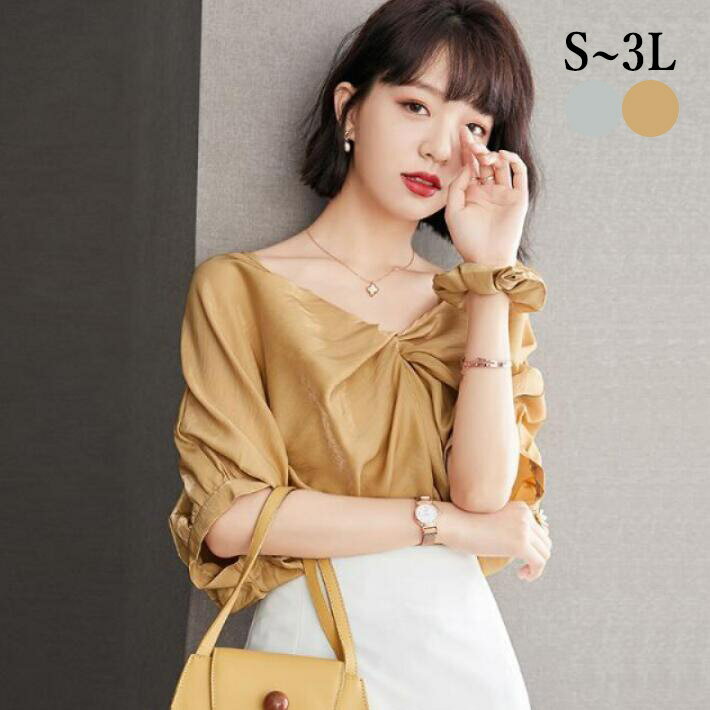 シフォンブラウス レディース ギャザーネック Vネック 春 夏 半袖 きれいめ フォマール 大きいサイズ　..