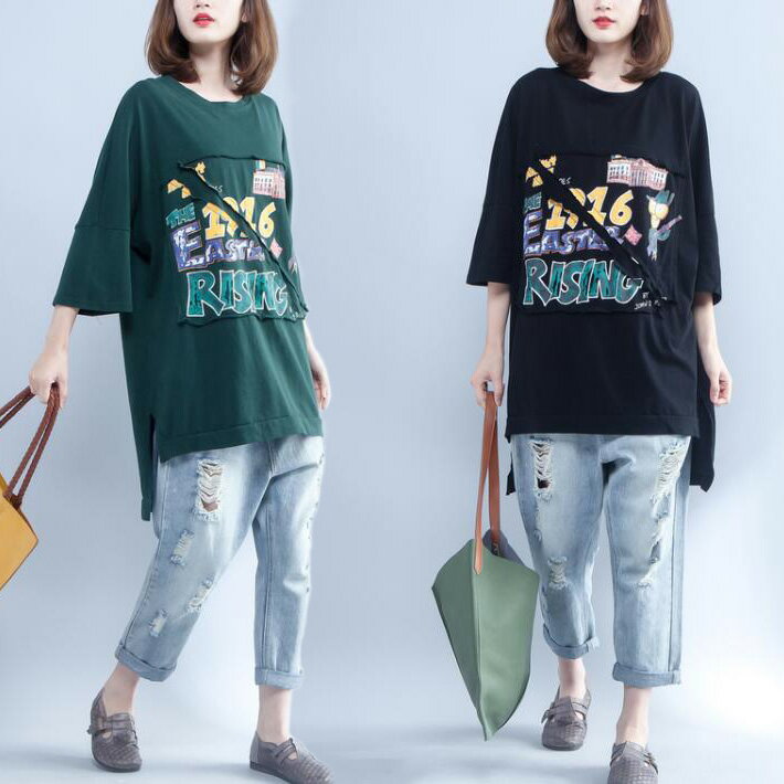 【全品対象20%OFFクポーン配布中★21日(金)09:59迄!】綿 コットン Tシャツ チュニック カットソー クルーネック フィッシュテール 前後アンバランス サイトスリット ロゴ プリント 7分袖 半袖 春夏 ビックシルエット ゆったり オーバーサイズ