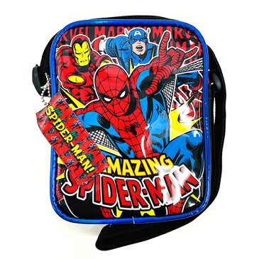 スパイダーマン スクエア ミニ ショルダーバッグ ( ヒーロー三人 ) 15296 マーベル アメコミ キャラクター ポシェット ショルダー 鞄 かばん バッグ 斜め掛け アイアンマン キャプテンアメリカ 男の子 かっこいい 汚れにくい 青 赤 黒 幼児 保育園 幼稚園 SPNG3037