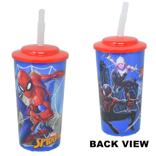 スパイダーマン ストロー付き タンブラー 16oz. 18436 コップ プラカップ カップ ストロー フタつき 470ml キッズ こども かっこいい キャラクター SPIDER-MAN in to the spiderverse マイルスモラレス グウェン アメコミ ヒーロー 海外 輸入品