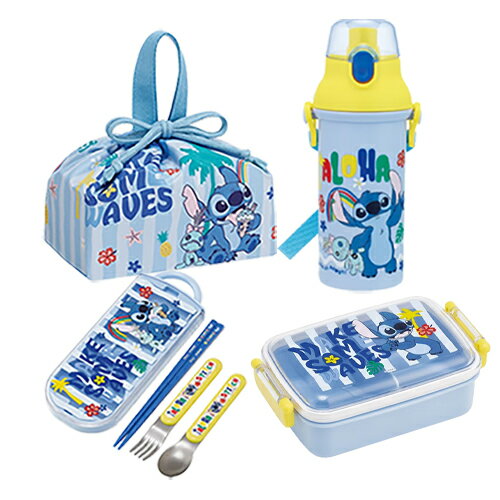 Lunch Boxes - スティッチ ランチ 4点 セット ( 26 ) 450ml 角型 ( 弁当箱 カトラリートリオ 巾着 水筒 ) yts1690 ランチボックス お弁当箱 はし 箸 フォーク スプーン ランチ巾着 プラボトル 弁当 入園 入学 かわいい ディズニー キャラクター グッズ