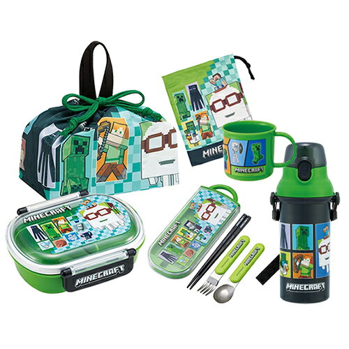 One Tier - マインクラフト ランチセット 360ml 小判型 5点 ( 26弁当箱 26巾着 26トリオ 26コップ袋 26水筒 25コップ ) yts1719 お弁当箱 ランチボックス お弁当 ランチ 弁当箱 セット 箸 はし ランチ巾着 コップ巾着 プラコップ プラボトル マイクラ グッズ ランチグッズ 子ども 幼児