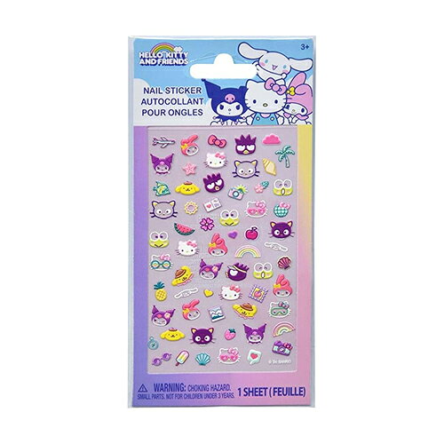 アメリカからの輸入品☆ ハローキティ&フレンズのネイルシールです。 キティ 、クロミ 、マイメロ 、ポムポムプリン など、サンリオのかわいいキャラクターたちがネイルを彩ります。 台紙から剥がしてシールのように爪に貼るタイプなので、お子様でも簡単に貼ることができ、爪のおしゃれを楽しめますよ♪ ハンドにはもちろん、フットにもおすすめです。 ■ネイルシールサイズ：約5~10mm ■対象年齢めやす：3+ ※海外輸入商品です。「輸入商品について」を必ずご一読ください。