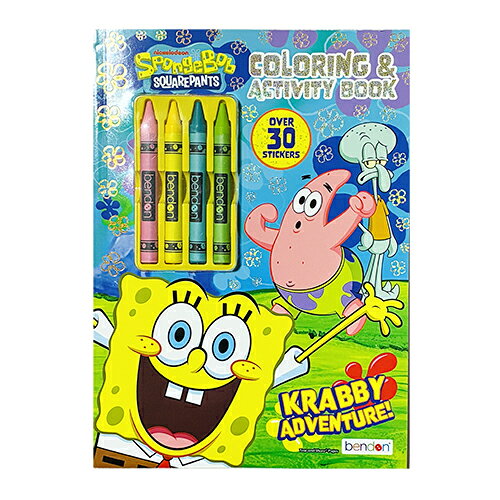 アメリカからの輸入品。 スポンジボブのクレヨン付きぬりえです。 クレヨン4色と、シール付き。 1枚ずつ使える切り取り線付き。 カラフルに塗って遊んでね♪ ■サイズ：約H272×W192×D5 (mm) ■ページ数48ページ(両面印刷) MADE IN U.S.A. ※海外輸入商品です。「輸入商品について」を必ずご一読ください。 その他ぬりえはこちら＞＞ぬりえ・アクティビティーブック セットでクレヨン・色鉛筆等もどうぞ♪＞＞クレヨン・色鉛筆・カラーペン