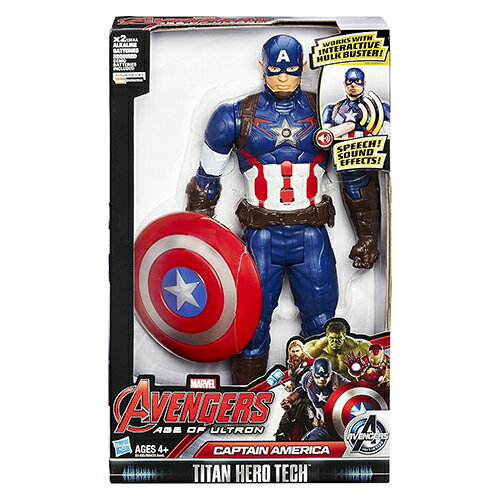 アベンジャーズ・ キャプテンアメリカ のトーキングフィギュアです。 Hasbro社製で細部まで精巧なつくりです。 胸のボタンを押すと、音が鳴り、しゃべりますよ☆ 取り外し可能なシールド付きです。 アメリカからの輸入品です。 ■パッケージサイズ：W18×H30×D6cm ■対象年齢めやす：4＋ ■使用電池：単4電池×2本 　電池交換可能 ※海外輸入商品です。「輸入商品について」を必ずご一読ください。 小さな小傷・汚れ等ある場合があります。