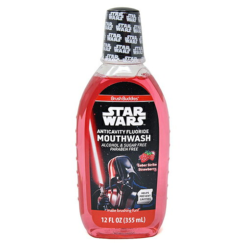 スター・ウォーズのフッ素配合キッズ用マウスウォッシュ（洗口液）です。 ダース・ベイダーのクールなパッケージで、毎日の歯磨きタイムが楽しくなります。 セイバー・ストライク・ストロベリー味で、お子様も使いやすいフレーバーです。 有効成分フッ化ナトリウム配合で、大切な歯を虫歯から守ります。 アルコールフリー、シュガーフリー、パラベンフリーなので、お子様にも安心のやさしい処方。 アメリカからの輸入です。 ●内容量：12 FL OZ (355 mL) ●サイズ：約H20.5×W8.5×D4cm 【ご使用方法】 ・6歳以上のお子様および大人用。 ・歯磨きをした後にご使用ください。 ・1回あたり約10mLを口に含み、1分間しっかりすすいでから吐き出してください（飲み込まないようご注意ください）。 ・使用後30分間は、飲食を控えることをおすすめします。 【注意事項】 ・パッケージはすべて英語表記となります。 ・海外製品のため、ボトルに細かな初期傷がある場合がございます。あらかじめご了承ください。 ※海外輸入商品です。「輸入商品について」を必ずご一読ください。