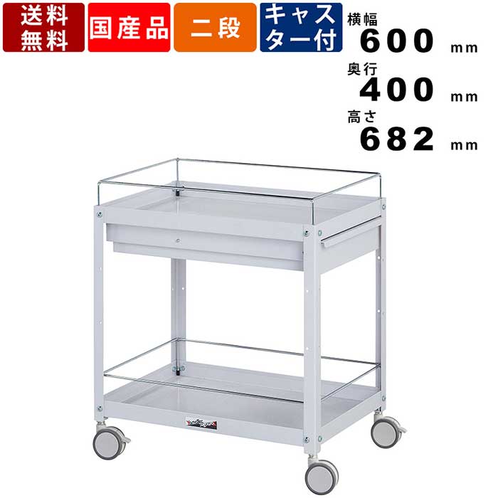 コンビニワゴン コボレ止め付き キャビネット付き2段タイプ WCFCS-2-P 耐荷重96kg 双輪キャスター 引出し付 引き出し付 ツールワゴン ツールカート スチール製 バスケットトローリー 工具箱 道具箱 粉体塗装 ワーキングワゴン 落下防止 国産