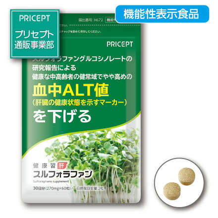 商品名：健康習肝スルフォラファン 名称：ブロッコリー抽出物含有加工食品 内容量：270mg×60粒 原材料/マルチトール（国内製造）、ブロッコリー抽出物、澱粉分解物、豚肝臓酵素分解物／結晶セルロース、ショ糖脂肪酸エステル、二酸化ケイ素 ※エネルギー：2.16kcal/2粒 ※アレルギー表示：豚肉 保存方法：高温多湿・直射日光を避け常温で保存してください。 賞味期限：製造日より2年間（未開封） 広告文責：プリセプト株式会社 TEL.0120-88-3056 販売業者名：プリセプト株式会社 商品区分：健康食品 原産国：日本製 ※肝臓で代謝されやすい医薬品（クロザピン、シクロベンザプリン、フルボキサミン、ハロペリドール、イミプラミン、メキシレチン、オランザピン、ペンタゾシン、プロプラノロール、タクリン、テオフィリン、ジロートン、ゾルミトリプタンなど）を服用している場合は医師、薬剤師に相談してください。 ●本品は、疾病の診断、治療、予防を目的としたものではありません。 ●本品は、疾病に罹患している者、未成年者、妊産婦(妊娠を計画している者を含む。)及び授乳婦を対象に開発された食品ではありません。 ●疾病に罹患している場合は医師に、医薬品を服用している場合は医師、薬剤師に相談してください。 ●体調に異変を感じた際は、速やかに摂取を中止し、医師に相談してください。