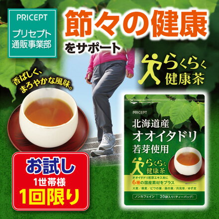 1世帯様2点まで1回限り【ゆうパケット・送料無料】北海道産オオイタドリ若芽使用 らくらく健康茶 20袋入り (単品) (お試し特別価格)　糸付きテトラティーバッグ　大麦　裸麦　ビワの葉　　桑の葉　月見草　ゆず皮　国産素材使用　お茶　ノンカフェイン飲料　ふしぶし　節々