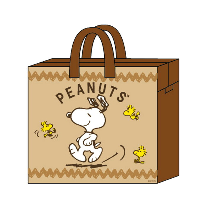 折りたたみバッグ ファスナー付き 大 かわいい スヌーピー グッズ ショッピングバッグ 旅行バッグ キャラクター 雑貨 ブラウン メール便可