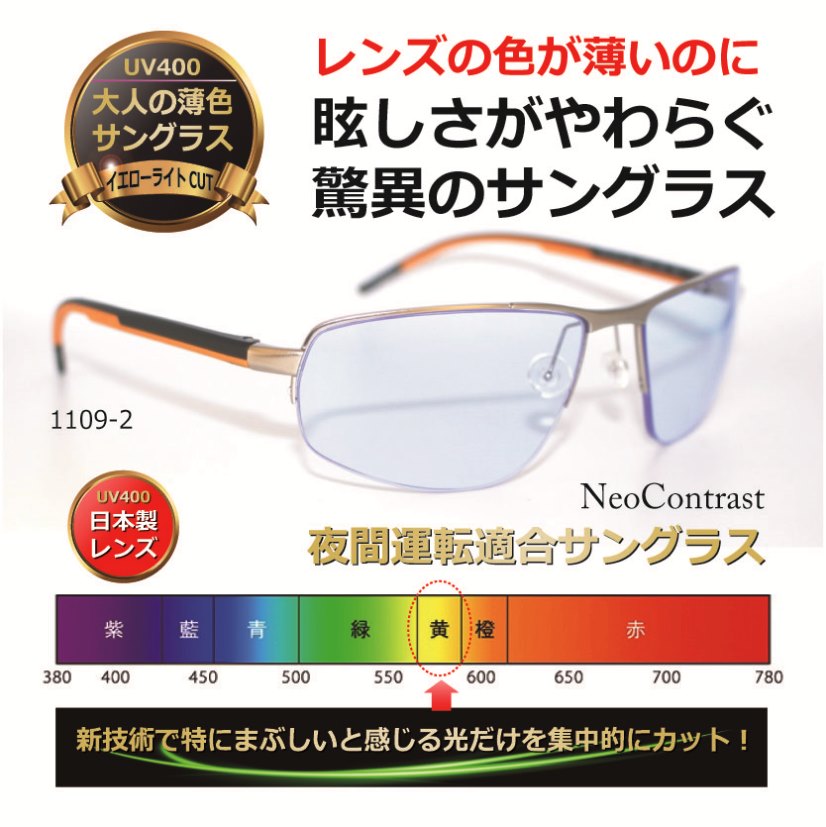 サングラス 夜 眩しさを抑える大人の薄色サングラス ネオコントラスト 薄い色 ナイト グラス メガネ 【スポーツタイプ】／UVカット イエローライトカット 夜間運転適合 人気 ハイカーブサングラス【neocon-1109-2】(4)