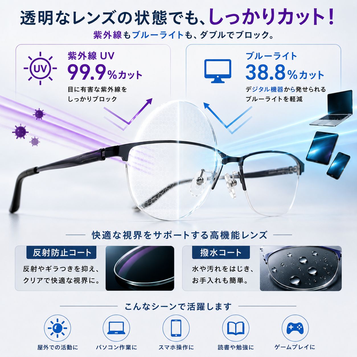 メガネ・サングラスの eye merryの調光サングラス 紫外線に当たると色が濃くなるサングラス 特価 送料無料 UVカット ブルーライトカット 人気 メンズ 男性 軽い ハーフリムレス 色が変わる ／PG-37-056　セール｜アングル2
