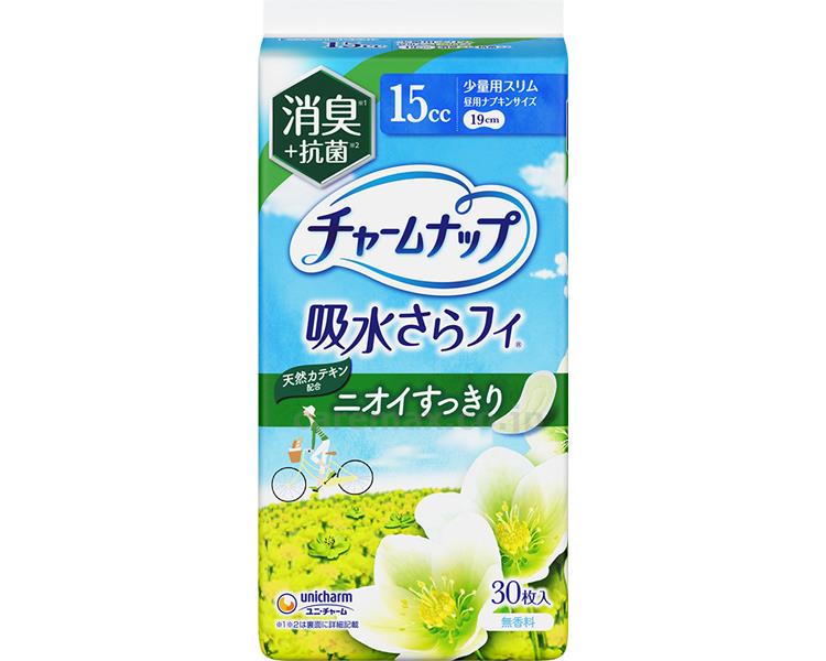 瞬間吸収でお肌サラサラ、チャームナップ吸水さらフィ。 ●サイズ／幅7.6×長さ18.4cm ●吸水量目安／約15cc ●日常生活動作レベル／1_一人で歩ける ○1袋/30枚入 ※メーカーリニューアル等により、パッケージ等が変更される場合がございます。予めご了承ください。