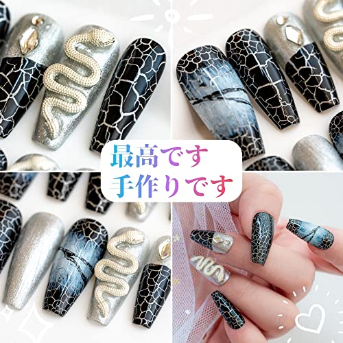 【送料無料】Sun&Beam Nails 手作り ネイルチップ ミディアム ロング バレリーナ 緑 グリーン 蝶 花 人気 3D おしゃれ 可愛い デザイン つけ爪 付け爪 収納ボックス付き 10枚入 (L, 07 蛇・黒) 2