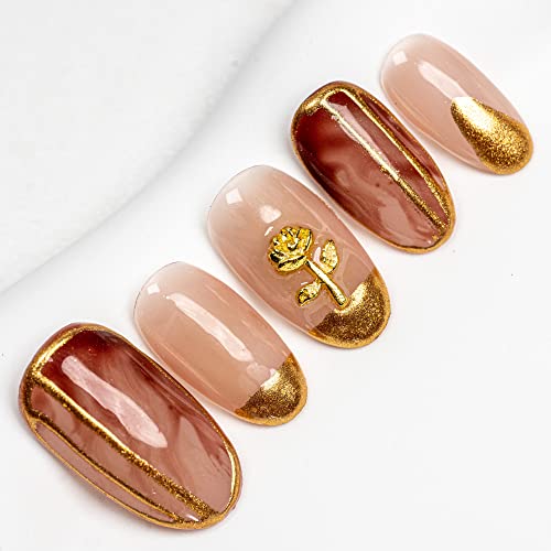 【送料無料】Sun&Beam Nails 手作り ネイルチップ ミディアム ロング オーバル 茶色 ブラウン ゴールド 花 人気 3D おしゃれ 可愛い デザイン ライオン つけ爪 付け爪 収納ボックス付き 10枚入 (#15 黄金のバラ・茶色 ・ L)