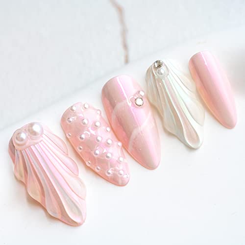 楽天プライムプラス　楽天市場店【送料無料】Sun&Beam Nails 手作り ネイルチップ ミディアム ロング アーモンド つけ爪 人魚の鱗 シェル パール キラキラ 人気 3D おしゃれ 可愛い デザイン 付け爪 10枚入 （#11 ピンク・L）