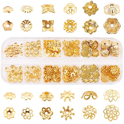 SUNNYCLUE 240個12種 ビーズキャップ 花座 座金 ビーズ アンティークゴールド 金古美 合金ビーズ キャップ 花形 菊座 透かしキャップ 透かしパ...