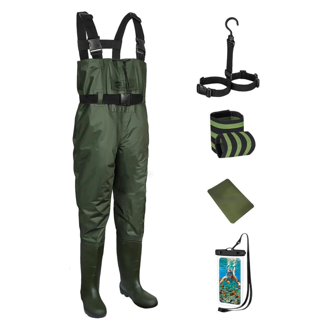 ウェーダー 防水 チェストハイウェーダー 釣り用スーツ 簡単着脱 防水ズボン 長靴 怪我防止 厚底ソール 滑り防止靴底 田植え 魚市場 水場仕事 渓流 海 グリーンG（US 13 / 28cm）