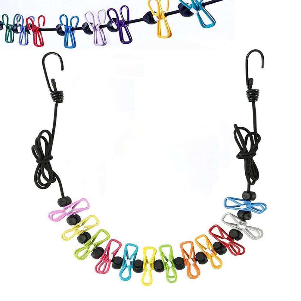 MEDUSHASHA 洗濯ロープ 物干しロープ 室内物干し 洗濯紐 旅行用 防風 弾力 伸縮 携帯便利 旅行 キャンプ 12個クリップ付き（カラーです）